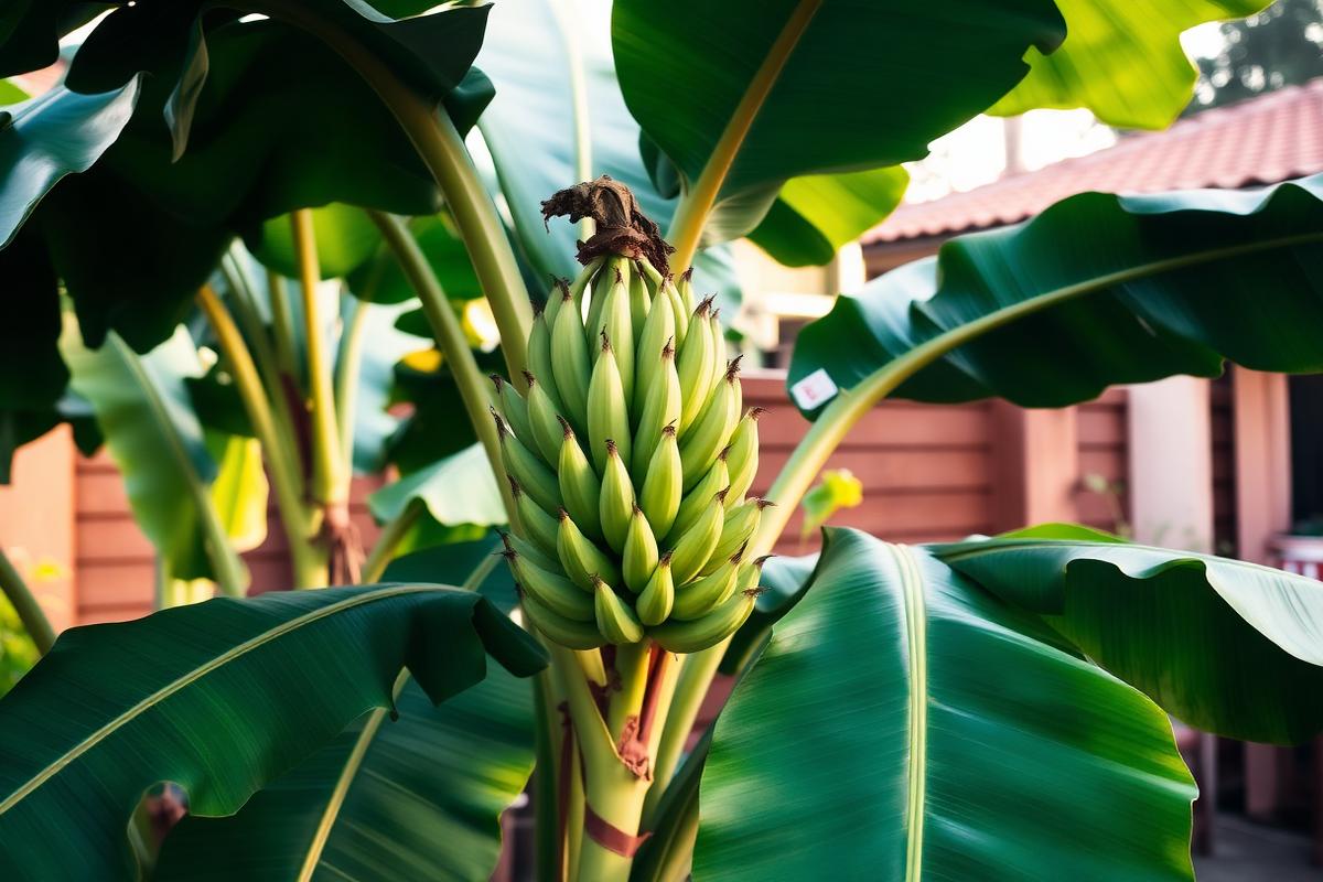 Banana plants with a developing bunch of green bananas