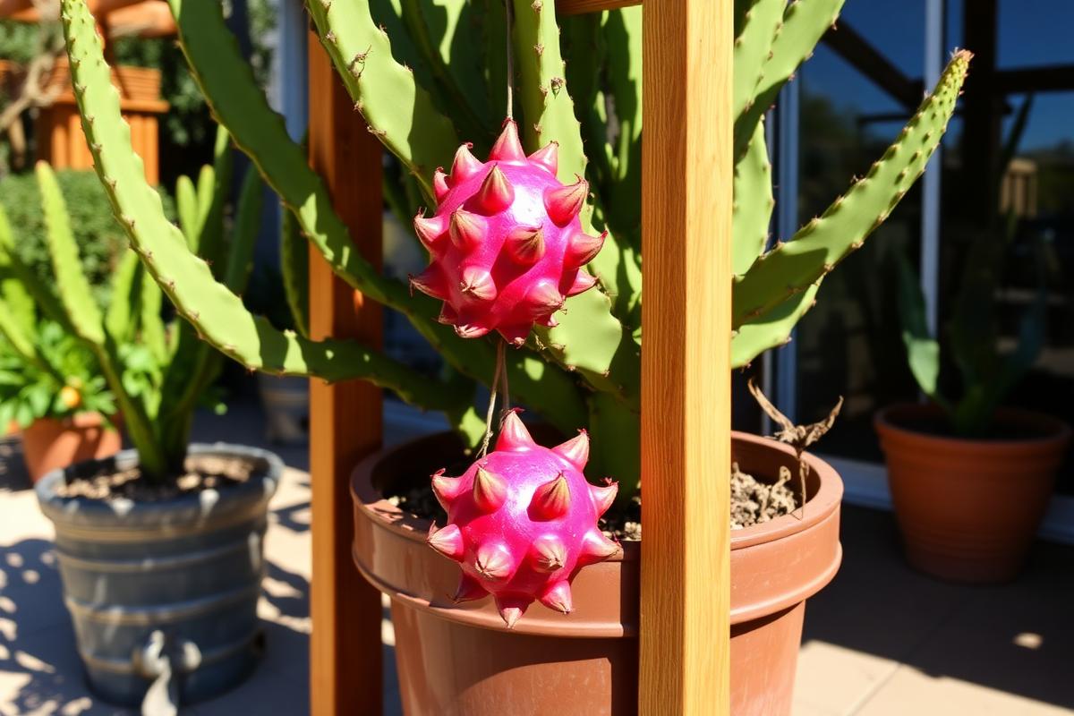 Dragon fruit cactus with ripe pink fruit growing on a trellis in a container
