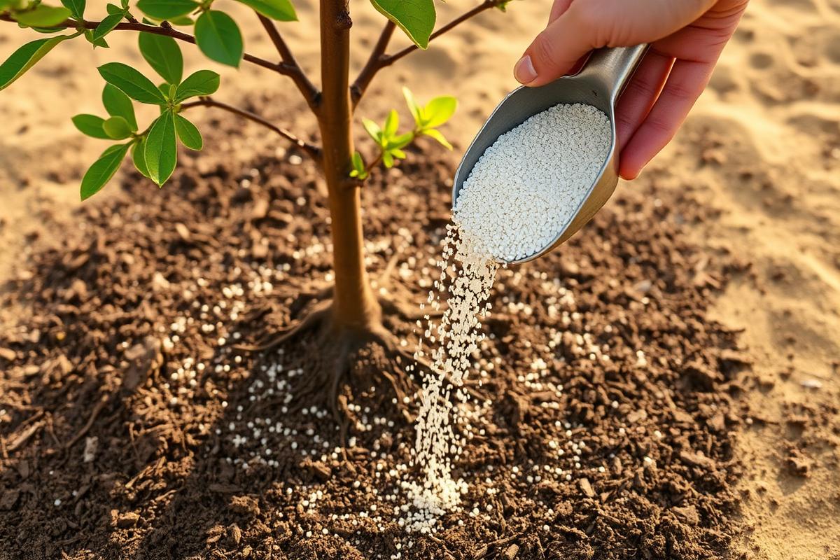 Granular fertilizer being spread around the base of a young fruit tree in sandy soil