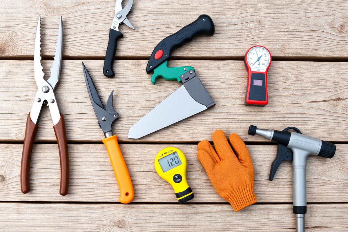 Assorted gardening tools laid out on a wooden surface