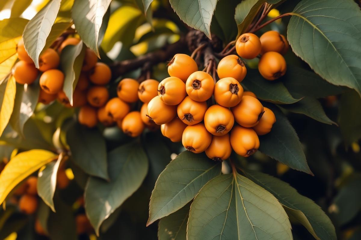 Cluster of ripe orange loquat fruit on a branch