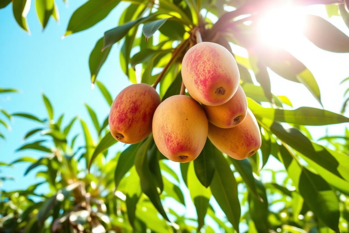 Ripening mangoes hanging from a mango tree